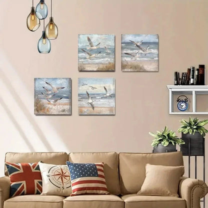 4pcs Seagulls By The Sea Wall Art Canvas Framed