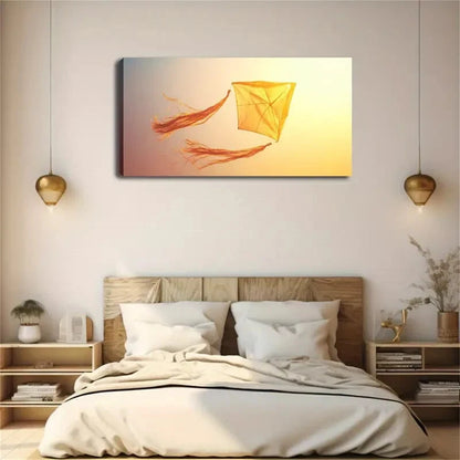 Vibrant Yellow Kite Flying Sky Wall Art Canvas Office Home Room Framed 120x60cm - Bella Home Decor