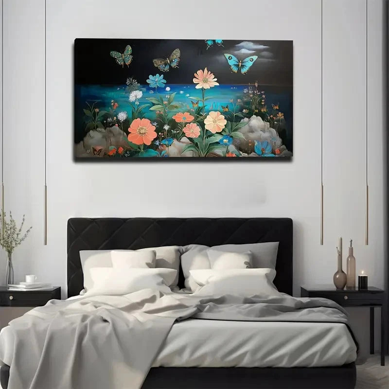 Bedroom with a large wall art piece of flowers and butterflies above the bed.