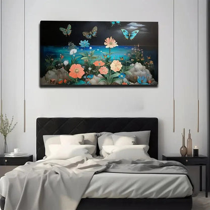 Bedroom with a large wall art piece of flowers and butterflies above the bed.