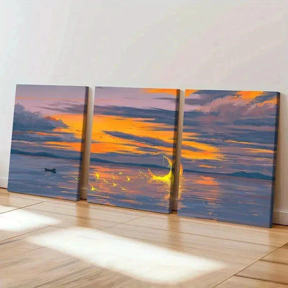 3pcs Sea Surface At Dusk and Moon Wall Art Set Canvas Framed 50x70cm - High Quality Print 100% Australian Made Wall Canvas Ready to Hang