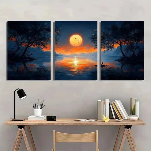 3pcs Sunset Serene Lake & Tree Silhouette Wall Art Canvas Unframed - High Quality Print 100% Australian Made Wall Canvas