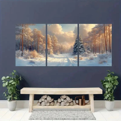 3pcs Vintage Winter Forest Painting Wall Art Set Canvas Framed 50x70cm - High Quality Print 100% Australian Made Wall Canvas Ready to Hang - Bella Home Decor