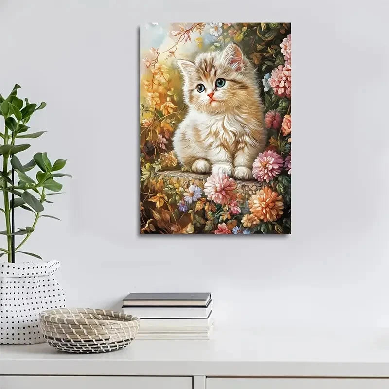 Flowers And Plants Cute Persian Kitten Painting 40x60cm Metal Print Ready to Hang