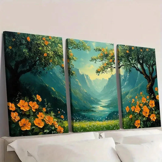 3pcs Green Flowers & Trees Art Vibrant Nature Wall Art Set Canvas Framed 60x90cm - High Quality Print 100% Australian Made Wall Canvas Ready to Hang