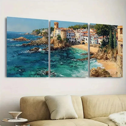 3pcs Costa Brava, Catalonia Coastal Wall Art Set Canvas Framed 60x90cm - High Quality Print 100% Australian Made Wall Canvas Ready to Hang - Bella Home Decor
