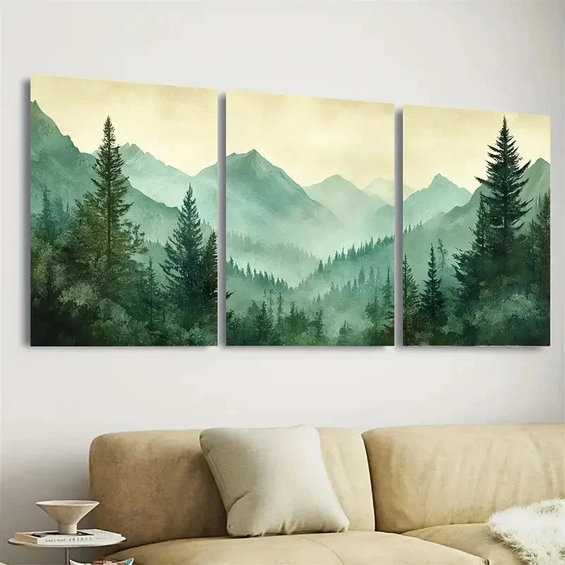 3pcs Green Forest Serenity with Mountain Wall Art Set Canvas Framed 40x60cm - High Quality Print 100% Australian Made Wall Canvas Ready to Hang