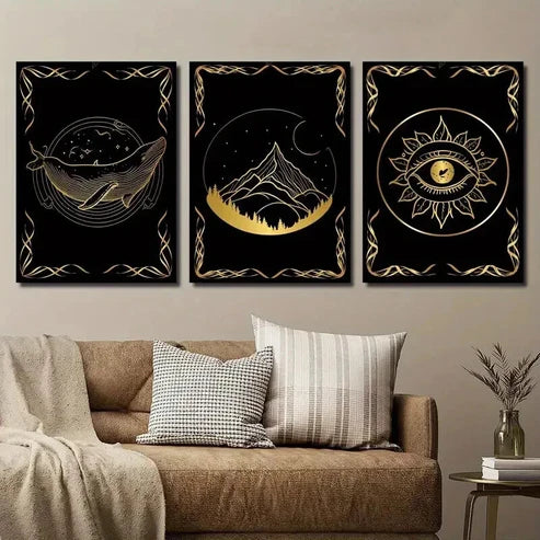 3pcs Black & Golden Whale Eye & Mountain Wall Art Set Canvas Unframed - High Quality Print 100% Australian Made Wall Canvas