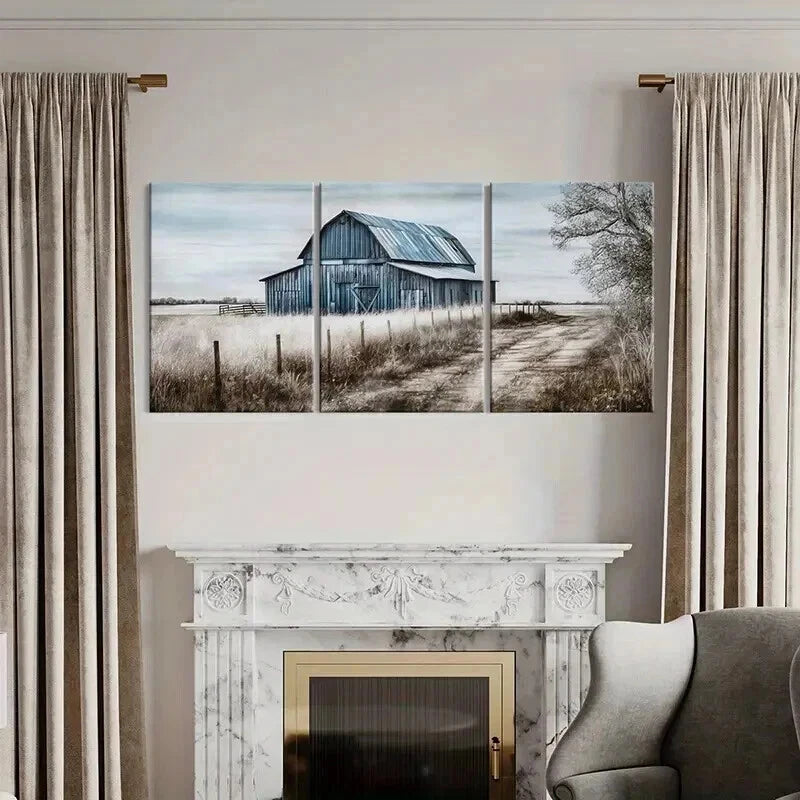 3pcs Rustic Blue Barn Farmhouse Decor Wall Art Set Canvas Framed 50x70cm - High Quality Print 100% Australian Made Wall Canvas Ready to Hang - Bella Home Decor