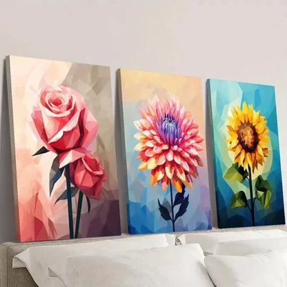 3pcs Cubism Pink Rose Abstract Dahlia Sunflower Wall Art Canvas Unframed - High Quality Print 100% Australian Made Wall Canvas - Bella Home Decor
