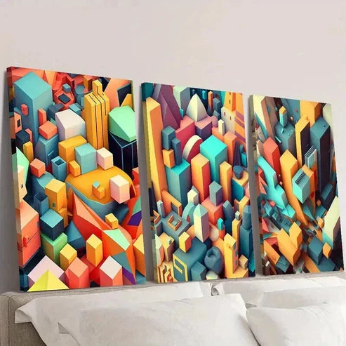 3pcs Mosaic Color Geometric City Top Cubic Wall Art Set Canvas Unframed - High Quality Print 100% Australian Made Wall Canvas