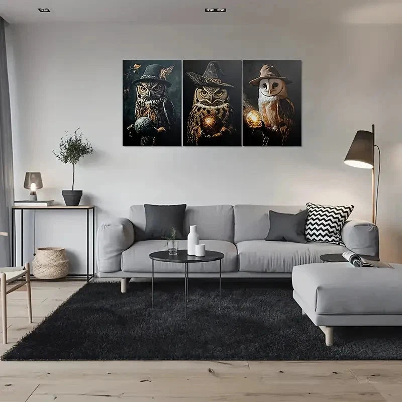 3pcs Whimsical Owl Fashionable Hat Metal Print Ready to Hang Art