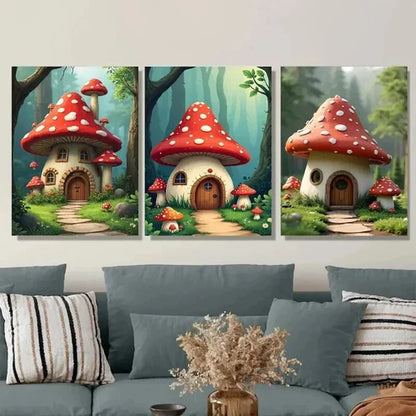 3pcs Mushroom House Triptych Forest Vibrant Wall Art Set Canvas Unframed - High Quality Print 100% Australian Made Wall Canvas