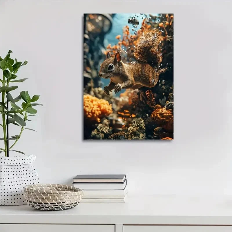Squirrel Running Happily Underwater in Coral Reef 40x60cm Metal Print Ready to Hang