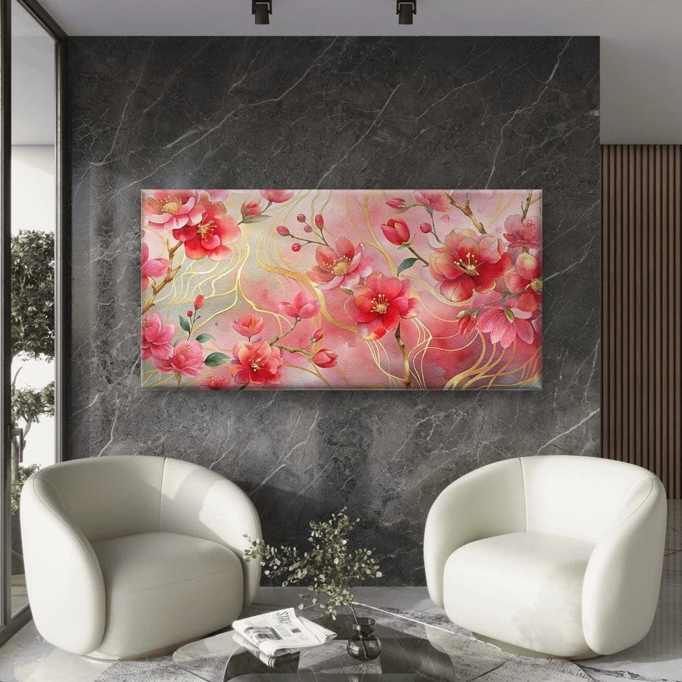 Pink Gold Cherry Blossom Wall Art Canvas Office Home Room Framed 120x60cm - Bella Home Decor