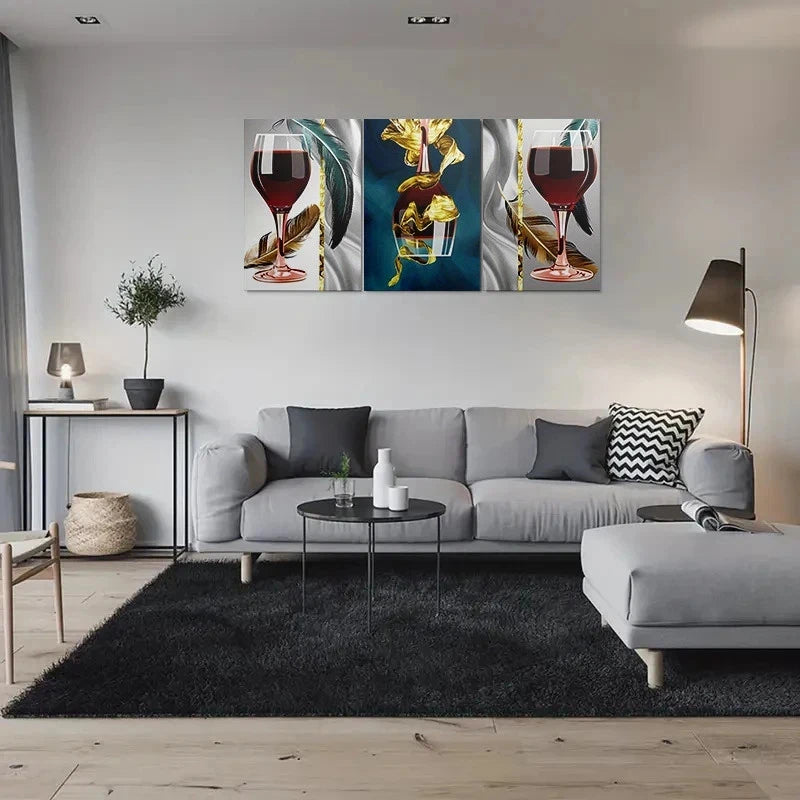 3pcs Abstract Wine Glass Golden Leaf Design Metal Print Ready to Hang Art - Bella Home Decor