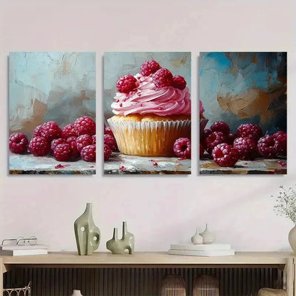 3pcs Berries Cupcake Dessert Neutral Perfect Wall Art Set Canvas Framed 50x70cm - High Quality Print 100% Australian Made Wall Canvas Ready to Hang - Bella Home Decor