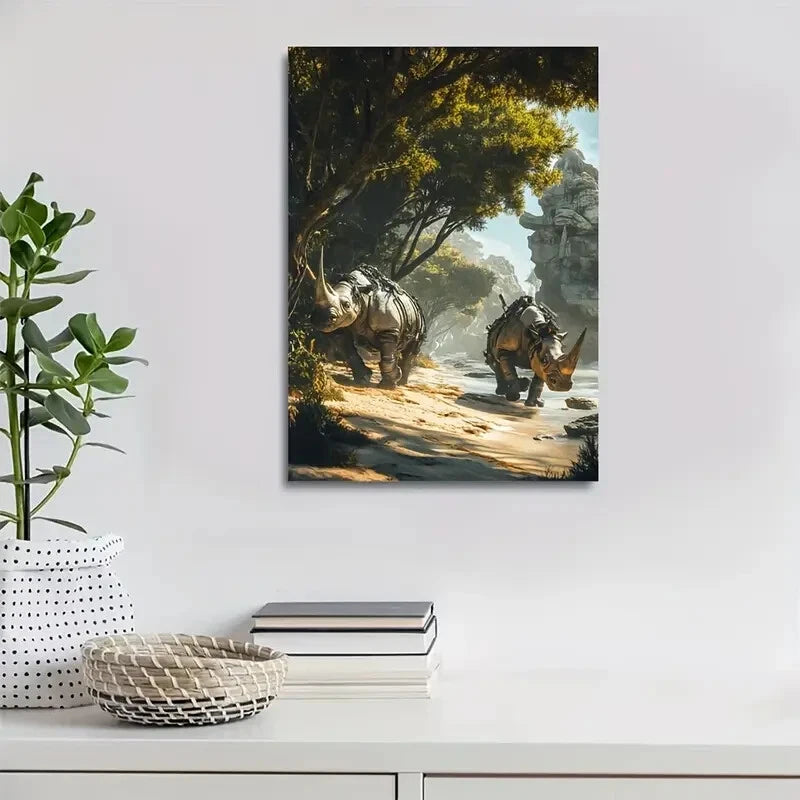 Steampunk Rhino Beach Scene Painting 40x60cm Metal Print Ready to Hang - Bella Home Decor