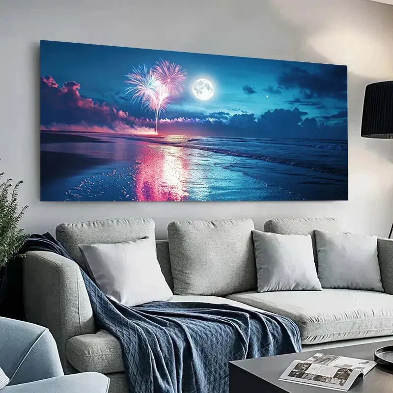 Beach Scene with Fireworks wall canvas office home room framed 120x60cm - Bella Home Decor