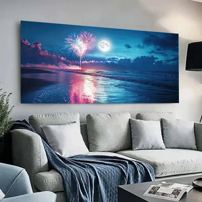 Beach Scene with Fireworks wall canvas office home room framed 120x60cm - Bella Home Decor