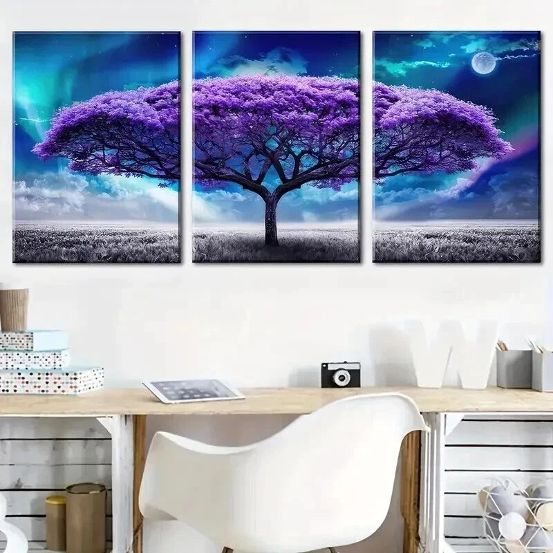 3pcs Purple Tree Life Under Starry Sky Perfect Wall Art Set Canvas Framed 50x70cm - High Quality Print 100% Australian Made Wall Canvas Ready to Hang - Bella Home Decor