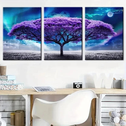 3pcs Purple Tree Life Under Starry Sky Perfect Wall Art Set Canvas Framed 50x70cm - High Quality Print 100% Australian Made Wall Canvas Ready to Hang - Bella Home Decor