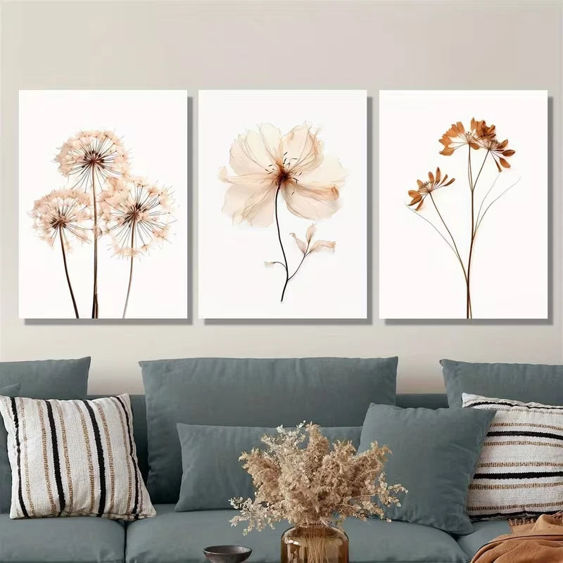 3pcs Beige, Brown, White Neutral Wildflower Metal Print Ready to Hang Art