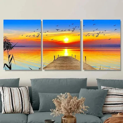 3pcs Sunset Dock Orange Yellow Blue Sunset Wall Art Set Canvas Unframed - High Quality Print 100% Australian Made Wall Canvas