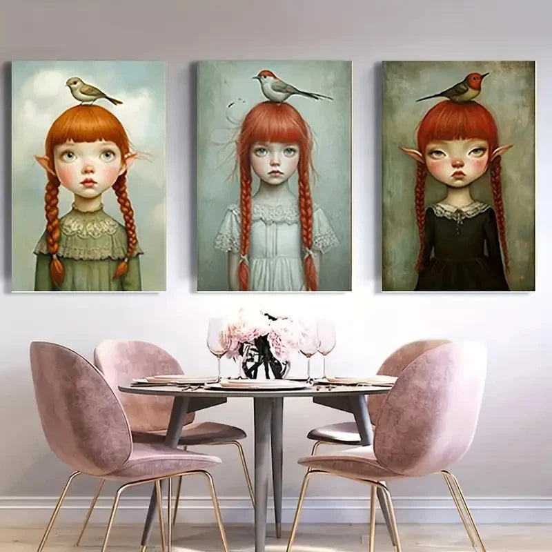 3pcs Vintage Cartoon Woman & Birds CWB  Wall Art Set Canvas Framed 50x70cm - High Quality Print 100% Australian Made Wall Canvas Ready to Hang - Bella Home Decor