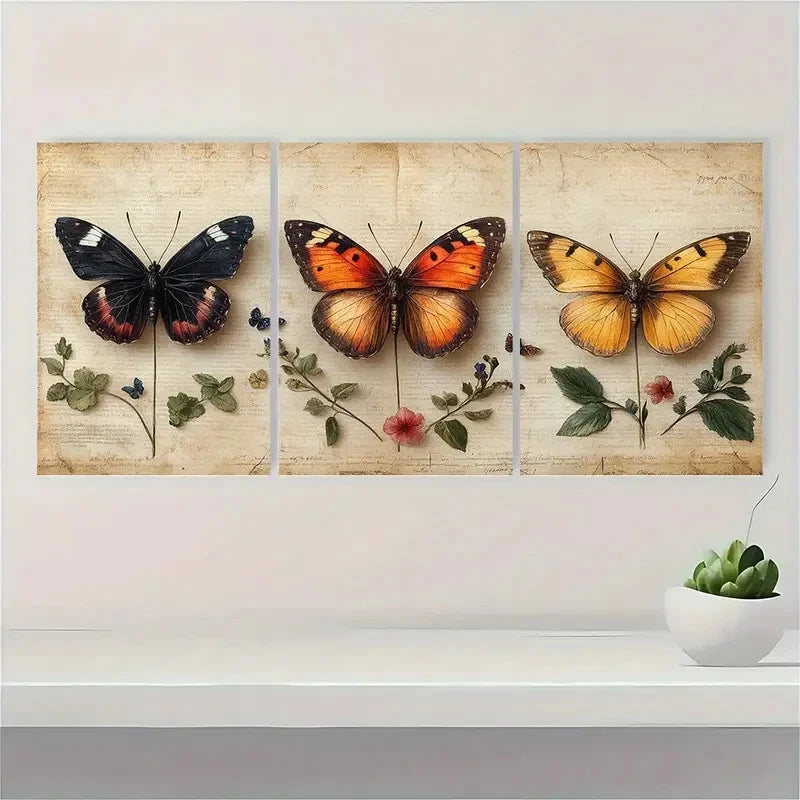 3pcs Insects and trees Rustic Aesthetic Antique  Wall Art Set Canvas Framed 50x70cm - High Quality Print 100% Australian Made Wall Canvas Ready to Hang