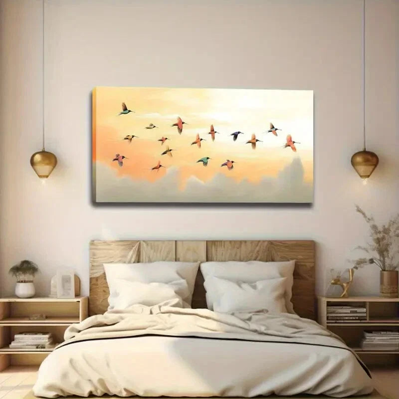 Watercolor Birds Geometric Wall Art canvas office home room framed 120x60cm - Bella Home Decor