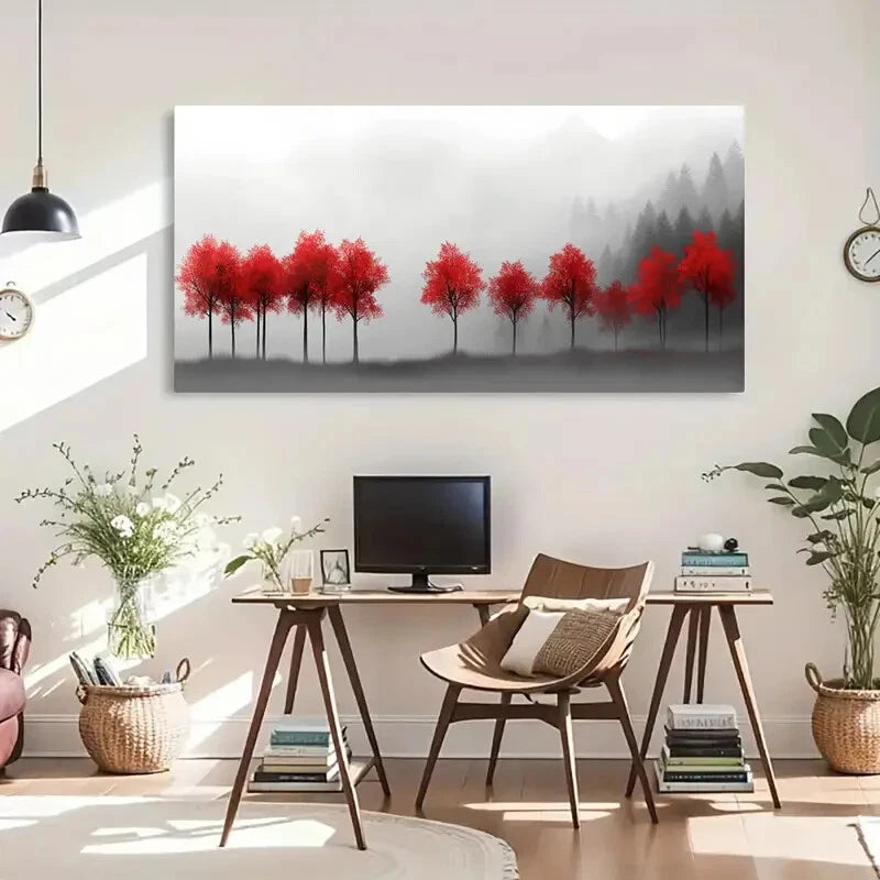 Mystical Foggy Forest Red Tree Wall Art Canvas Office Home Room Framed 120x60cm - Bella Home Decor