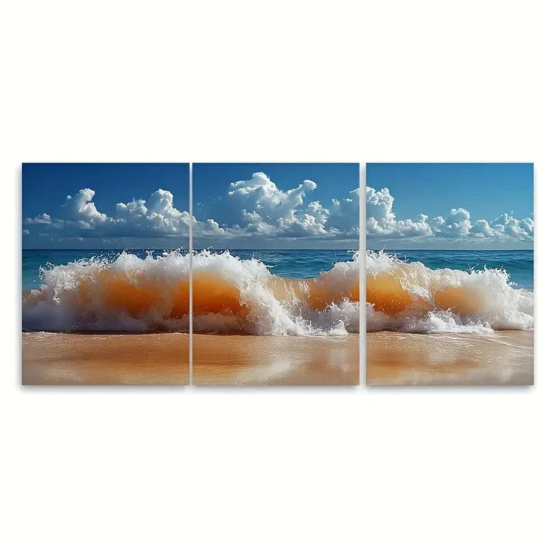 3pcs Vivid Ocean Waves Blue & Orange TonesY  Wall Art Set Canvas Framed 50x70cm - High Quality Print 100% Australian Made Wall Canvas Ready to Hang - Bella Home Decor
