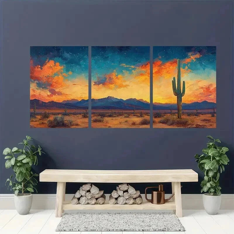 3pcs Painting of Saguaro Cactus Colorful Desert Wall Art Set Canvas Framed 50x70cm - High Quality Print 100% Australian Made Wall Canvas Ready to Hang - Bella Home Decor