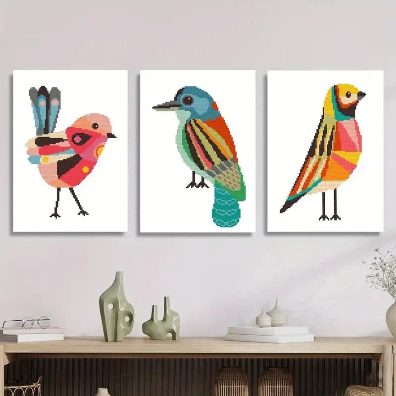 3pcs Geometric birds cross stitch pattern animals Metal Print Ready to Hang Art
