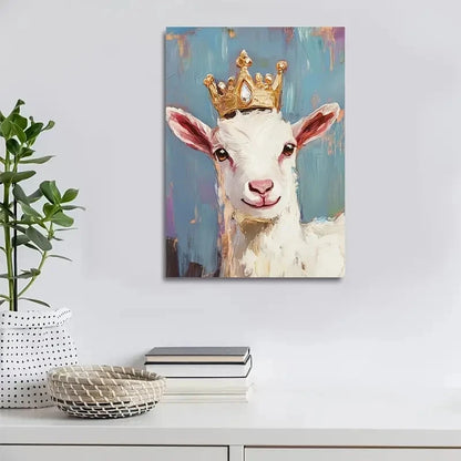 Charming Crown Vibrant Blue & Golden Goat Painting 40x60cm Metal Print Ready to Hang - Bella Home Decor