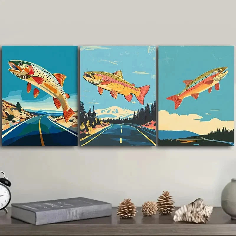 3pcs Flying Fish Art Painting I Wall Art Set Canvas Framed 60x90cm - High Quality Print 100% Australian Made Wall Canvas Ready to Hang - Bella Home Decor