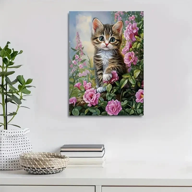 Beautiful Adorable Tabby Kitten with Flowers 40x60cm Metal Print Ready to Hang - Bella Home Decor