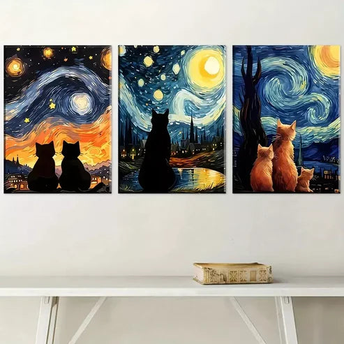 3pcs Modern Van Gogh Style Abstract Cat Canvas Unframed - High Quality Print 100% Australian Made Wall Canvas