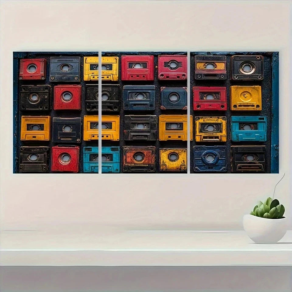 3pcs Cassette Tape Collage Retro Metal Print Ready to Hang Art - Bella Home Decor