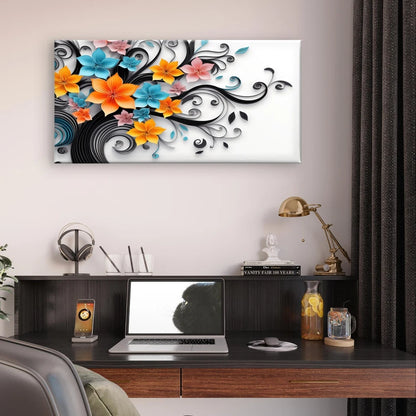 Floral Art with Swirling Black Vines Wall Art Canvas Office Home Framed 120x60cm