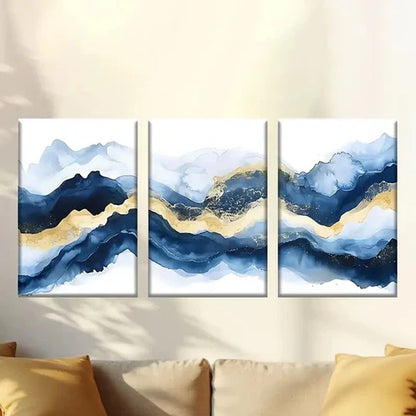 3pcs Painting of a mountain range Golden & blue  Wall Art Set Canvas Unframed - High Quality Print 100% Australian Made Wall Canvas