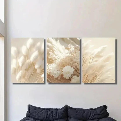3pcs Grass Beige Botanical & White Dried Flower Wall Art Set Canvas Unframed - High Quality Print 100% Australian Made Wall Canvas