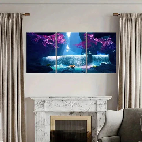 3pcs Fantasy Waterfall & Fox Vintage Wall Art Canvas Unframed - High Quality Print 100% Australian Made Wall Canvas