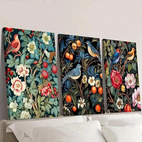 3pcs Vintage Garden Flowers and Birds Wall Art Set Canvas Unframed - High Quality Print 100% Australian Made Wall Canvas
