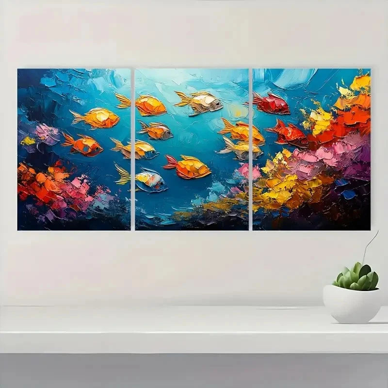 3pcs  Abstract Fish School Ocean Sea AFO  Framed Wall Art Set Canvas Framed 50x70cm - High Quality Print 100% Australian Made Wall Canvas Ready to Hang - Bella Home Decor