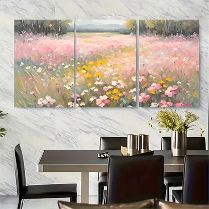 3pcs Pink Spring Wildflowers with Lush Greenery Metal Print Ready to Hang Art