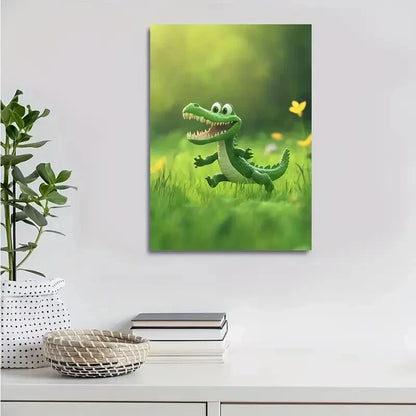 Cheerful Cartoon Crocodile In Lush Green 40x60cm Metal Print Ready to Hang - Bella Home Decor