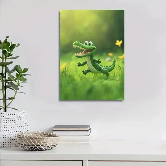 Cheerful Cartoon Crocodile In Lush Green 40x60cm Metal Print Ready to Hang - Bella Home Decor