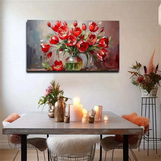 Deep Red Tulips Bohemian Wall Art Canvas Office Home Room Framed 120x60cm